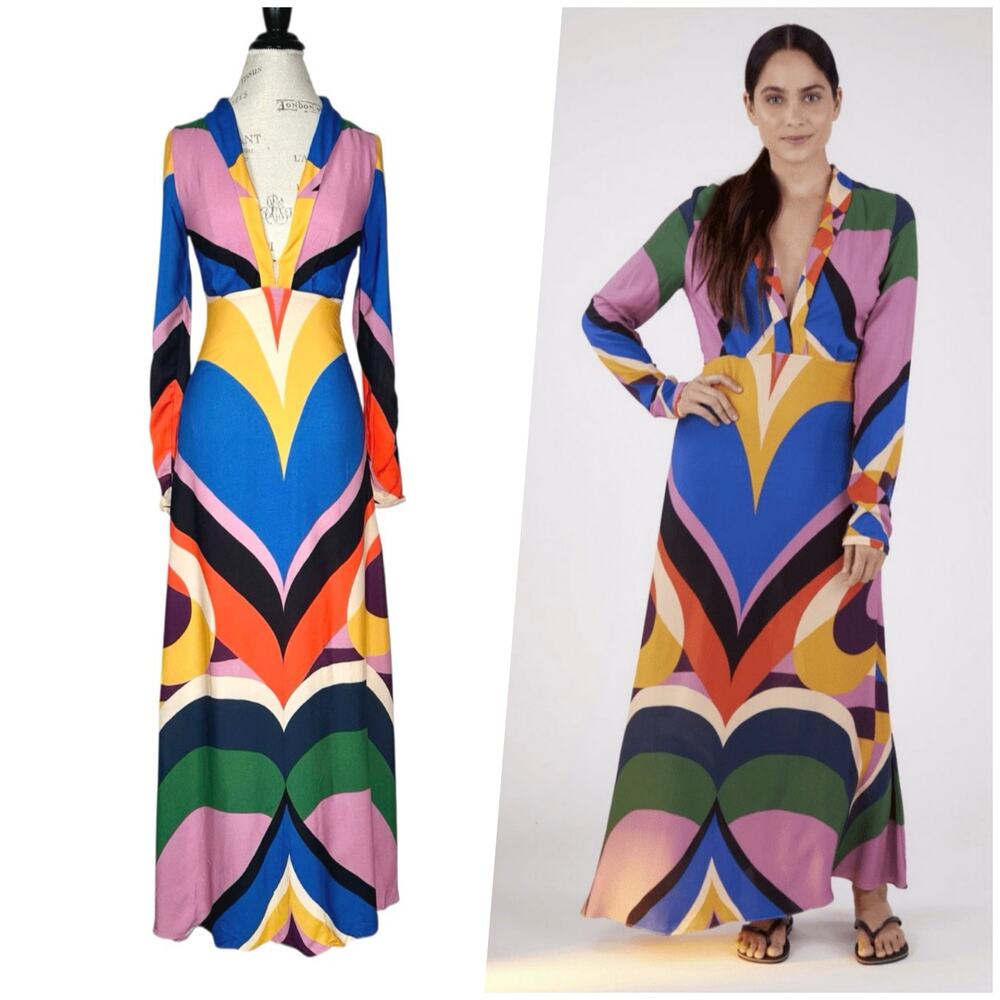 FARM Rio | Women | Multicolor Geometric Color Block Retro 60s Maxi Dress | XS - Picture 1 of 16